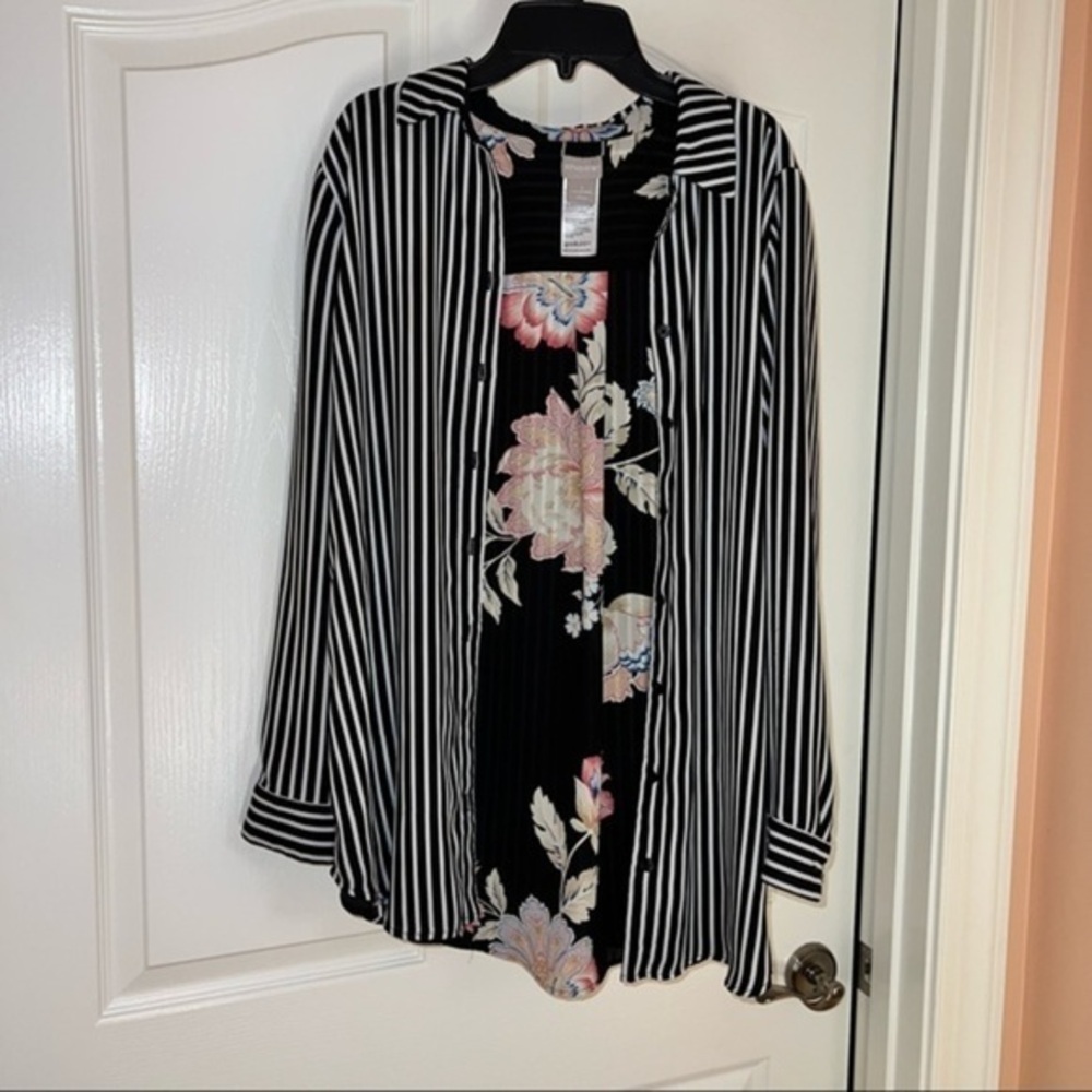 Reversible black and white pin striped and floral reverse side blouse.